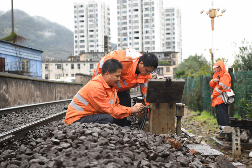 中國(guó)鐵路南昌局集團(tuán)有限公司福州電務(wù)段職工在大機(jī)清篩后為軌道電路換上新的電源線。姜振濤攝