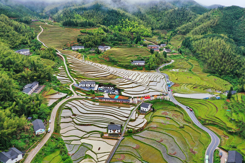 江西省贛州市崇義縣上堡鄉(xiāng)，村民在梯田旁展示當(dāng)?shù)孛袼坠?jié)目吸引了不少游客觀看。朱海鵬攝