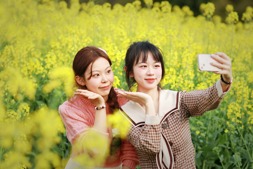 游客在油菜花田中拍照。李禹洪攝