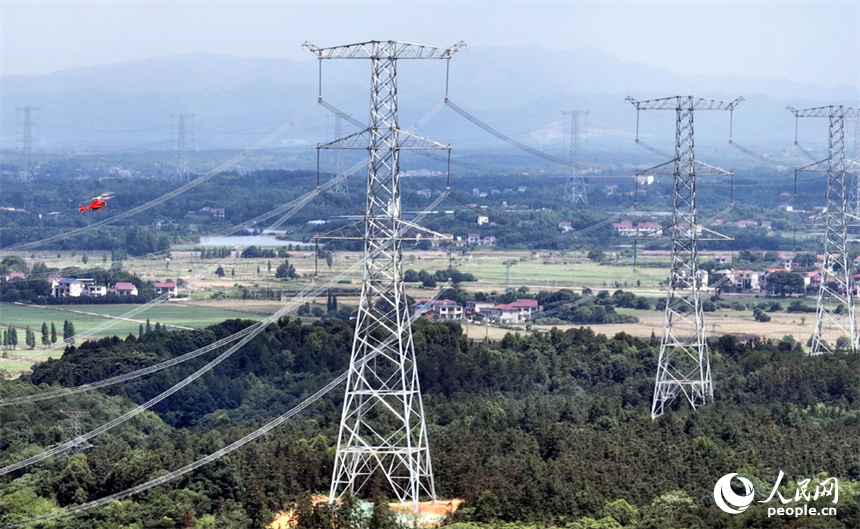 直升機穿梭在特高壓電線旁開展特高壓工程驗收作業(yè)。人民網(wǎng)記者 時雨攝