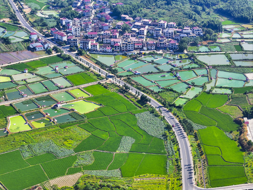 俯瞰南豐縣太和鎮(zhèn)，青山、魚塘、田園及民居等構成一幅秀美的生態(tài)鄉(xiāng)村畫卷。謝東攝