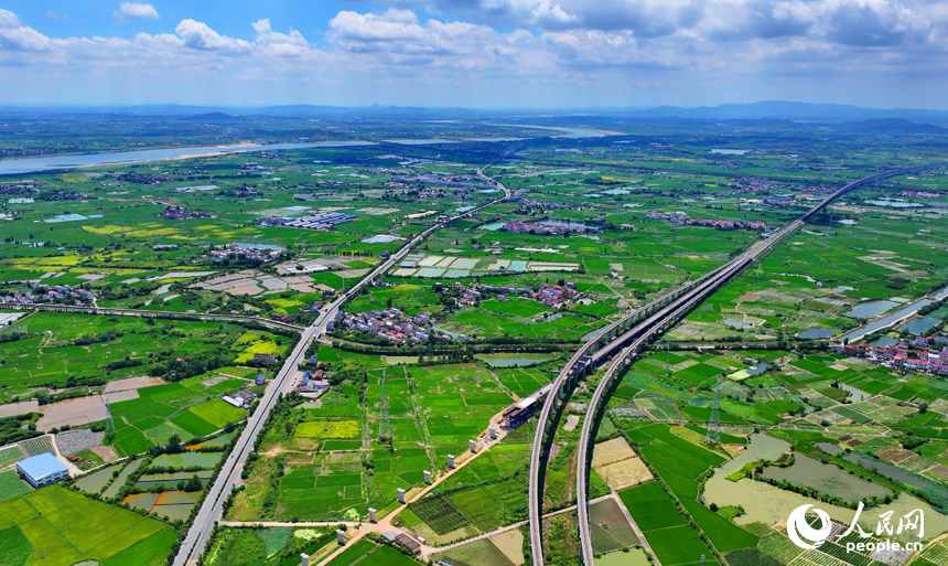 南昌市南昌縣向塘鎮(zhèn)，和諧號(hào)列車(chē)行駛在京港高速鐵路昌贛段。人民網(wǎng) 朱海鵬攝