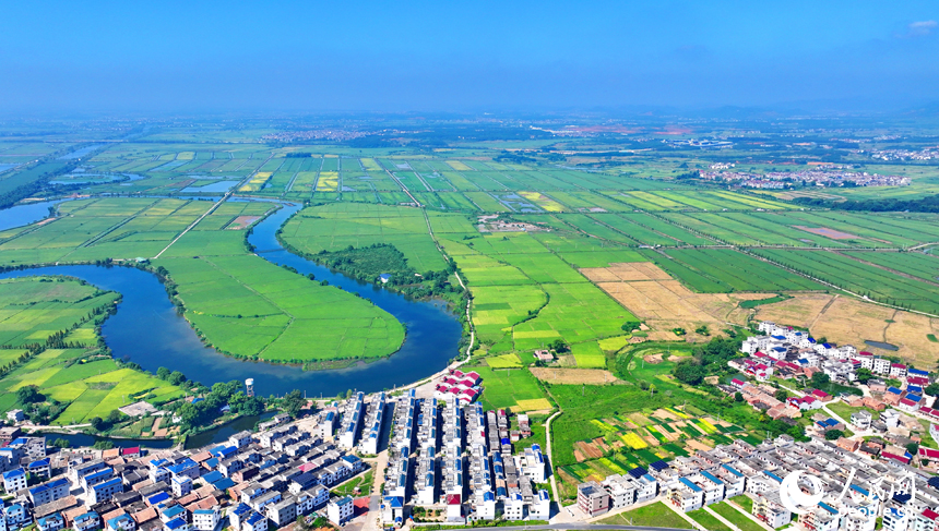 吉安市吉水縣楓江鎮(zhèn)小江村，一棟棟村居民房與田園、河流、綠樹相映成景。人民網(wǎng) 朱海鵬攝