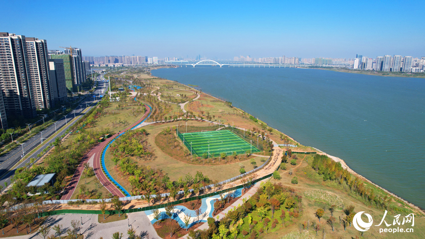 近日，南昌市贛江兩岸秋色宜人，與藍天和城市樓群相映成景。人民網記者 毛思遠攝